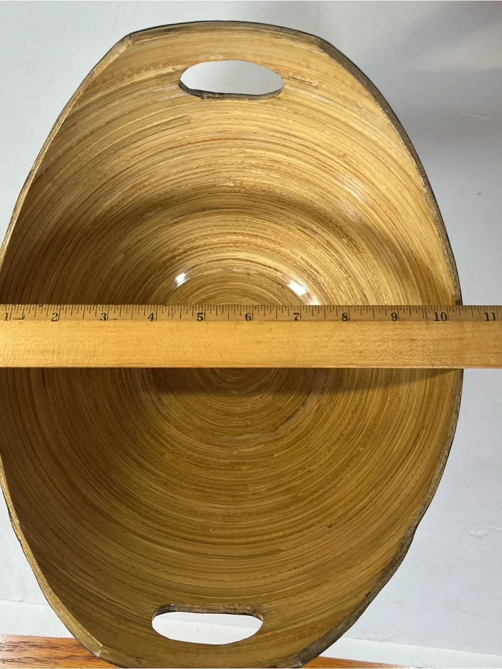 Bamboo Lacquerware Bowl Eggshell Mosaic Black Tan Handled Decorative Bowl 11”